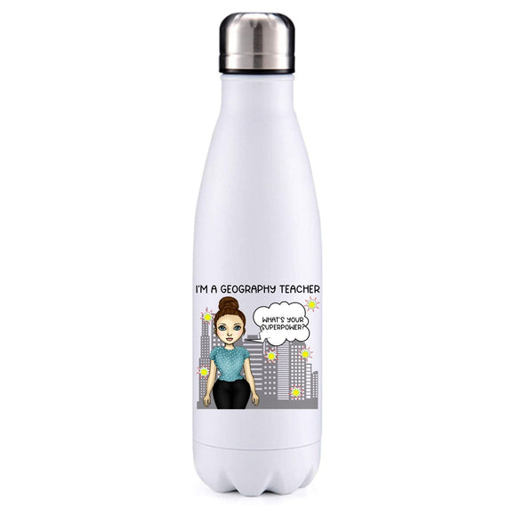 Geography Teacher female brown hair insulated metal bottle